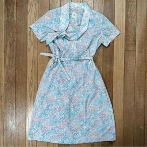 Vintage Retro Housewife Pastel Blue & Pink Floral Tie Neck and Waist Midi Dress